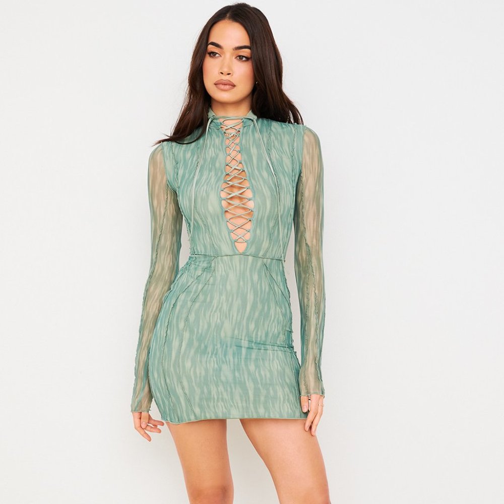 DYLAN IVY PRINTED MESH LACE UP MINI DRESS HOUSE OF CB
